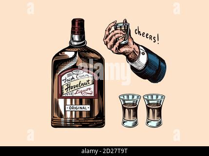 Flasche Alkohol aus Glas. Hand mit einem Schuss. Toast Prost. Starkes Getränk. Amerikanisches Abzeichen. Alkoholische Etikett. Skizze mit Gravur für T-Shirt. Klassisch Stock Vektor