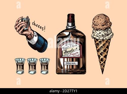 Flasche Alkohol aus Glas. Hand mit einem Schuss. Toast Prost. Süßes Eis. Amerikanisches Abzeichen. Alkoholetikett. Gezeichneter Skizzenschriftzug für T-Shirt Stock Vektor