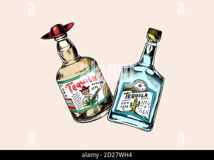 Glasflasche mit starkem Getränk. Prost Toast. Vintage Mexican Tequila Abzeichen. Alkoholisches Etikett für Poster Banner. Handgezeichnete gravierte Skizze für t Stock Vektor