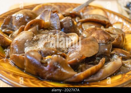 Eingelegte Pilze in einer Tonschale aus nächster Nähe Stockfoto