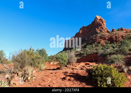 Ein roter Sandsteinberg mit immergrünen, die den Hang hochwachsen und ein roter Feldweg mit Kaktus aus Stachelpaaren, Alos, Büschen und trockenem Schrubber auf dem S Stockfoto