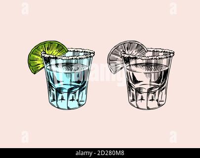 Glasschüsse mit starkem Getränk. Vintage Mexican Tequila Abzeichen. Alkoholisches Etikett für Poster Banner. Handgezeichneter, gravierter Skizzenschriftzug für T-Shirt. Stock Vektor