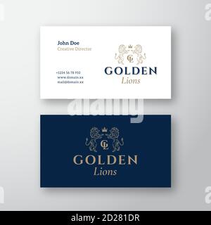 Golden Lions abstrakten Vektor-Logo und Visitenkarte Vorlage. Handgezeichnete Lion Sillhouettes mit klassischer Retro Typografie. Vintage Heraldry Crest oder Stock Vektor
