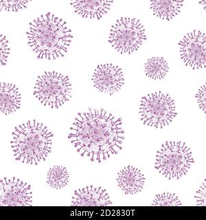 Coronavirus Bakterien Vektor Nahtloses Muster. Handgezeichneter Covid 19 Skizzen Hintergrund. Medizinische Epidemie Warnung Corona Virus Verpackung, Karte, Wallpaper Stock Vektor