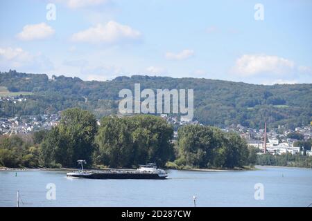 Blick über den Rhein mit einem Schiff Stockfoto