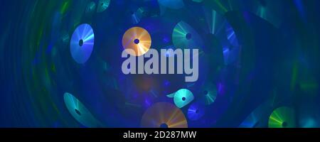Computergenerierter abstrakter fraktaler Hintergrund. Compact Discs wirbeln auf blauem Raum Stockfoto