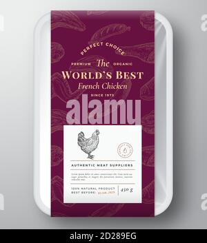 Worlds Best Poultry Abstract Vector Plastic Tray Container Cover. Premium Fleisch Vertikale Verpackung Design Label Layout. Handgezeichnetes Huhn, Steak Stock Vektor