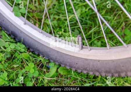 Details des Fahrrads. Nippel auf dem Rad Nahaufnahme im Gras Stockfoto