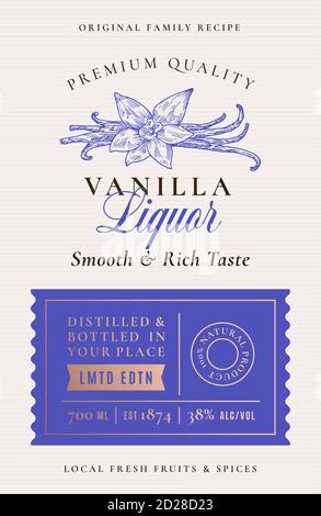 Familienrezept Vanilla Gewürz Liquor Acohol Etikett. Abstraktes Vektor-Verpackungsdesign-Layout. Modernes Typografie-Banner mit handgezeichneter Vanilleblume Stock Vektor