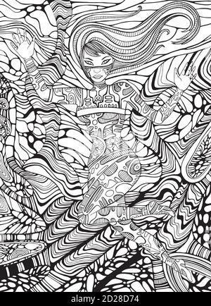 Psychedelische Cyberpunk Mädchen Erwachsene Färbung Seite. Line Art Doodle Stock Vektor