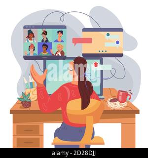 Frau nimmt an Video Online-Konferenz flache Vektor-Illustration isoliert. Stock Vektor