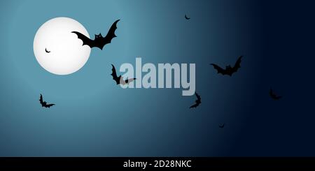 Halloween Banner mit fliegenden schwarzen Fledermäusen über dem Mond auf dunklem Hintergrund. Horizontal mit Plakatfläche Stock Vektor