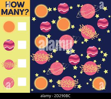 Zählspiel für Vorschulkinder. Pädagogisch ein mathematisches Spiel. Zählen Sie, wie viele Raumschiffe Stock Vektor