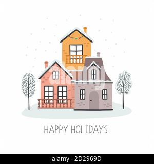 Weihnachtskarte mit Häusern, frohe Feiertage. Vektorgrafik Stock Vektor