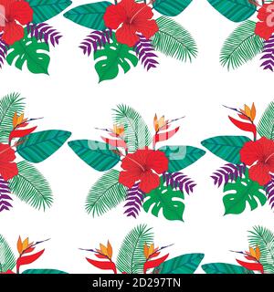 Tropische Blattpalme, Blume Hibiskus, Paradiesvogel nahtlose p Stock Vektor