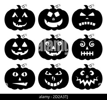 Halloween Kürbis Silhouette Kollektion auf weiß isoliert. Scary Face Expression Vektorset. Lustige Jack o Laterne Lächeln. Cartoon Design Elemente der EV Stock Vektor