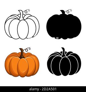 Kürbis Vektor-Set isoliert auf weiß. Herbstliche Silhouette, Umriss und orange Cartoon-Sammlung. Halloween oder Danksagung Illustration. Symbolische und Stock Vektor