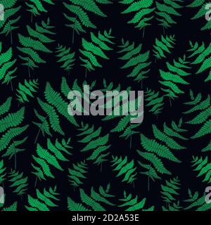 Grün Farn Blatt nahtlose wilden Wald Muster schwarzen Hintergrund Stock Vektor