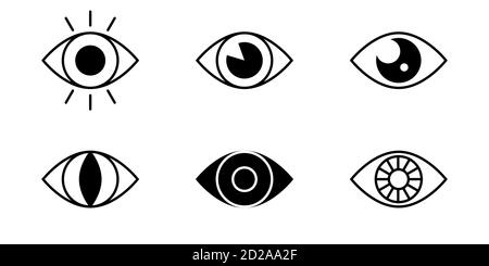 Symbol für sechs Augen eingestellt. Schwarze Augen-Symbole isoliert auf weißem Hintergrund. vektor-Illustration. Stock Vektor