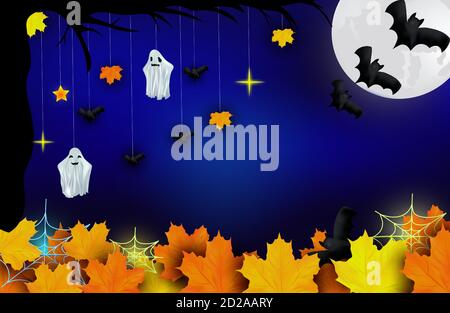 Frohe Halloween. Geister, Fledermäuse, gelbes Herbstblatt und heller Mond auf dunklem Hintergrund. Charakter halloween aus einer anderen Welt, das Jenseits. Vektorgrafik. Stock Vektor