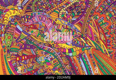 Psychedelische bunte surreale Doodle Muster. Regenbogenfarben abst Stock Vektor