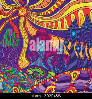 Bunte Doodle surreale Landschaft. Fantastische psychedelische Grafik Stock Vektor