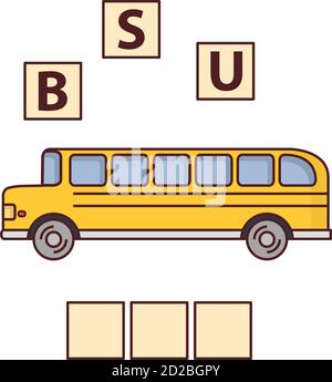 Spiel Wörter Puzzle Schule Bus.Bildung entwickeln Kind. Stock Vektor