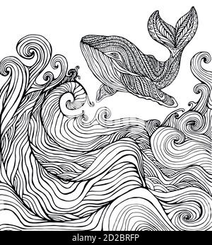 Wal und Ozean Wellen Färbung Seite Stock Vektor
