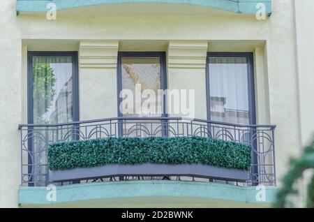 Blick auf die Straße auf die alte, elegante Fassade eines Wohnhauses mit Balkon und Grün Stockfoto