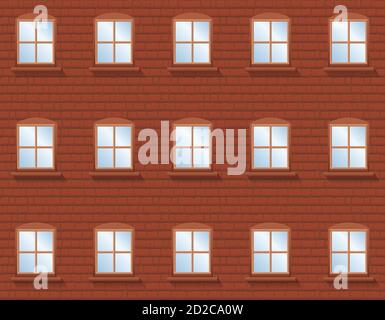 Backsteinmauer mit Fenstern - rustikales Wohnhaus mit 24 Fenstern, in denen der blaue Himmel reflektiert wird. Stockfoto