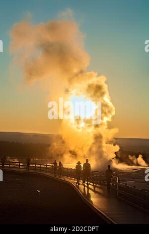 Clepsydra Geyser, der bei Sonnenuntergang ausbricht, Lower Geyser Basin, Yellowstone National Park, Wyoming, USA Stockfoto