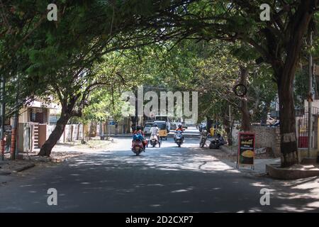 Chennai, Indien - 8. Februar 2020: Täglicher Verkehr auf einer asphaltierten Straße unter überhängenden Bäumen am 8. Februar 2020 in Chennai, Indien Stockfoto