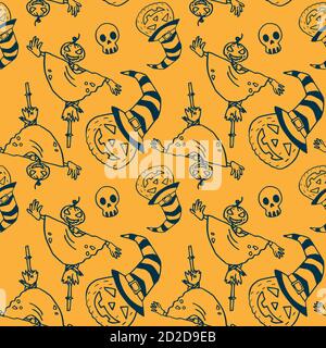 Kürbiskerbe und Vogelscheuche auf gelbem Hintergrund. Halloween nahtlose Muster für Tapete, Wrap Papier, Schläfer, Bad Fliesen, Kleidung oder Bettwäsche oder Tuch Stock Vektor