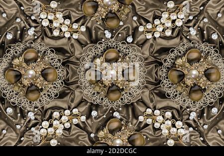 3D Wallpaper Textur, Schmuck Blumen, Perlen auf brauner Seide Stockfoto