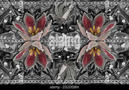 3D Wallpaper Textur, rot Schmuck Blumen auf schwarzem Seide Hintergrund. Stockfoto