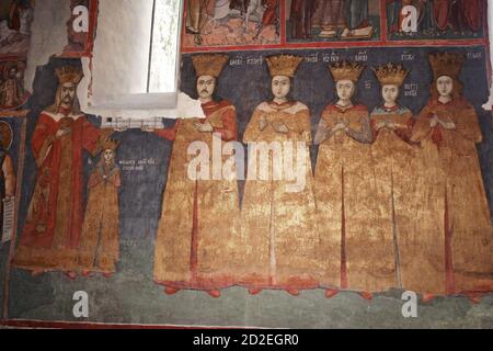 Snagov Kloster, Kreis Ilfov, Rumänien. Fresko aus dem 16. Jahrhundert, das die Gründer der Kirche darstellt. Stockfoto