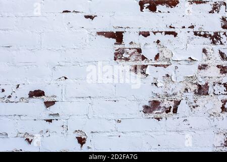 Schälende weiße Farbe von Backsteinwand Hintergrund Stockfoto