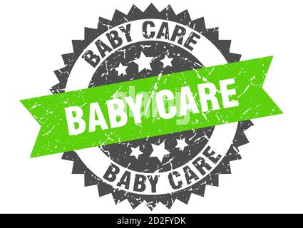 Babypflegestempel. Rundes Grunge-Schild mit Band Stock Vektor