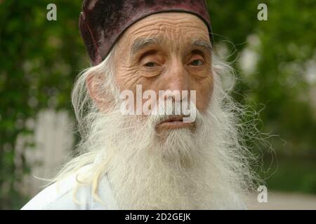 Porträt eines alten Mannes mit langem weißen Bart. Älterer Mönch in einem orthodoxen Kloster in Rumänien. Stockfoto