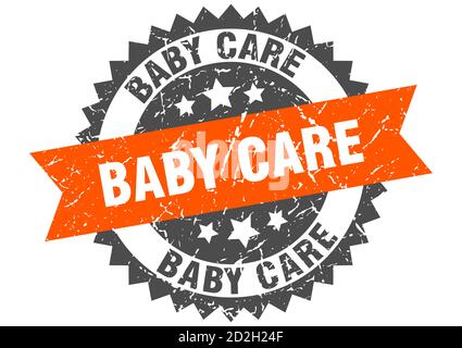 Babypflegestempel. Rundes Grunge-Schild mit Band Stock Vektor