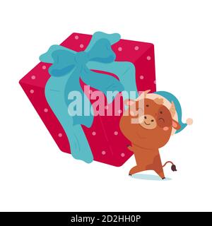 Cute Cartoon Stier mit einem riesigen Geschenk. Stock Vektor