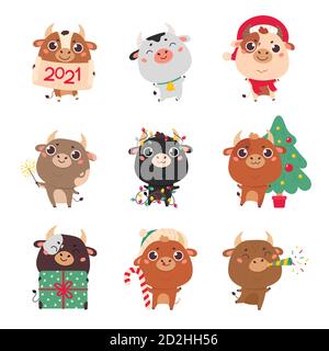 Set von niedlichen Cartoon Stiere und Kühe.Frohes neues Jahr Stock Vektor