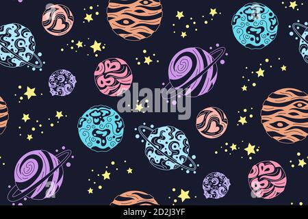 Planeten nahtloses Muster. Bunte Doodle Sonnensystem, dunkler Hintergrund. Astronomisches Observatorium. Mond Merkur venus Erde mars jupiter saturn neptun. Vektor Astronomie Galaxie Raum Stock Vektor