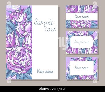 Vektor-Set von Vorlagen Einladungen oder Grußkarten mit handgezeichneten Rosen und Aquarell-Elemente. Sammlung von Vorlagen in violett und grün Farbe Stock Vektor