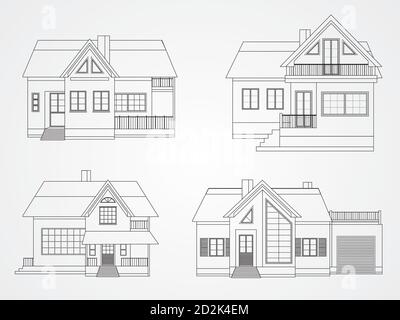 Vektor-Satz von privaten Häusern linear. Schwarze Kontur. Stock Vektor