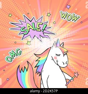 Werbung Pop Art Poster mit handgezeichneter Magie Einhorn im Retro-Comic-Stil. Sprechblase mit TEXTVERKAUF! Und Aufkleber WOW, OMG. Vektorhintergrund. Stock Vektor