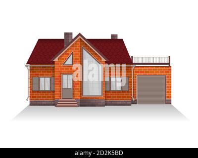 Vektordarstellung eines detaillierten Vorstadtfamilienhauses mit Mansarde und Garage. Backsteinhaus. Isoliert auf weißem Hintergrund. Stock Vektor