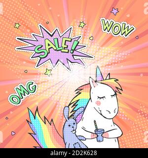Werbung Pop Art Poster mit handgezeichneter Magie Einhorn im Retro-Comic-Stil. Sprechblase mit TEXTVERKAUF! Und Aufkleber WOW, OMG. Vektorhintergrund. Stock Vektor