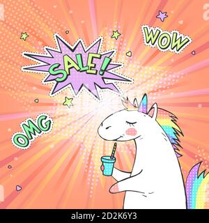 Werbung Pop Art Poster mit handgezeichneter Magie Einhorn im Retro-Comic-Stil. Sprechblase mit TEXTVERKAUF! Und Aufkleber WOW, OMG. Vektorhintergrund. Stock Vektor