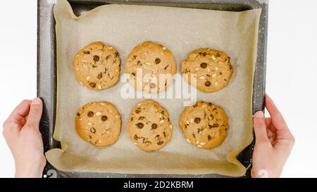 Schokolade Chip Cookies Rezept. Frisch gebackene Plätzchen aus der Nähe auf einem Backblech, Blick von oben Stockfoto